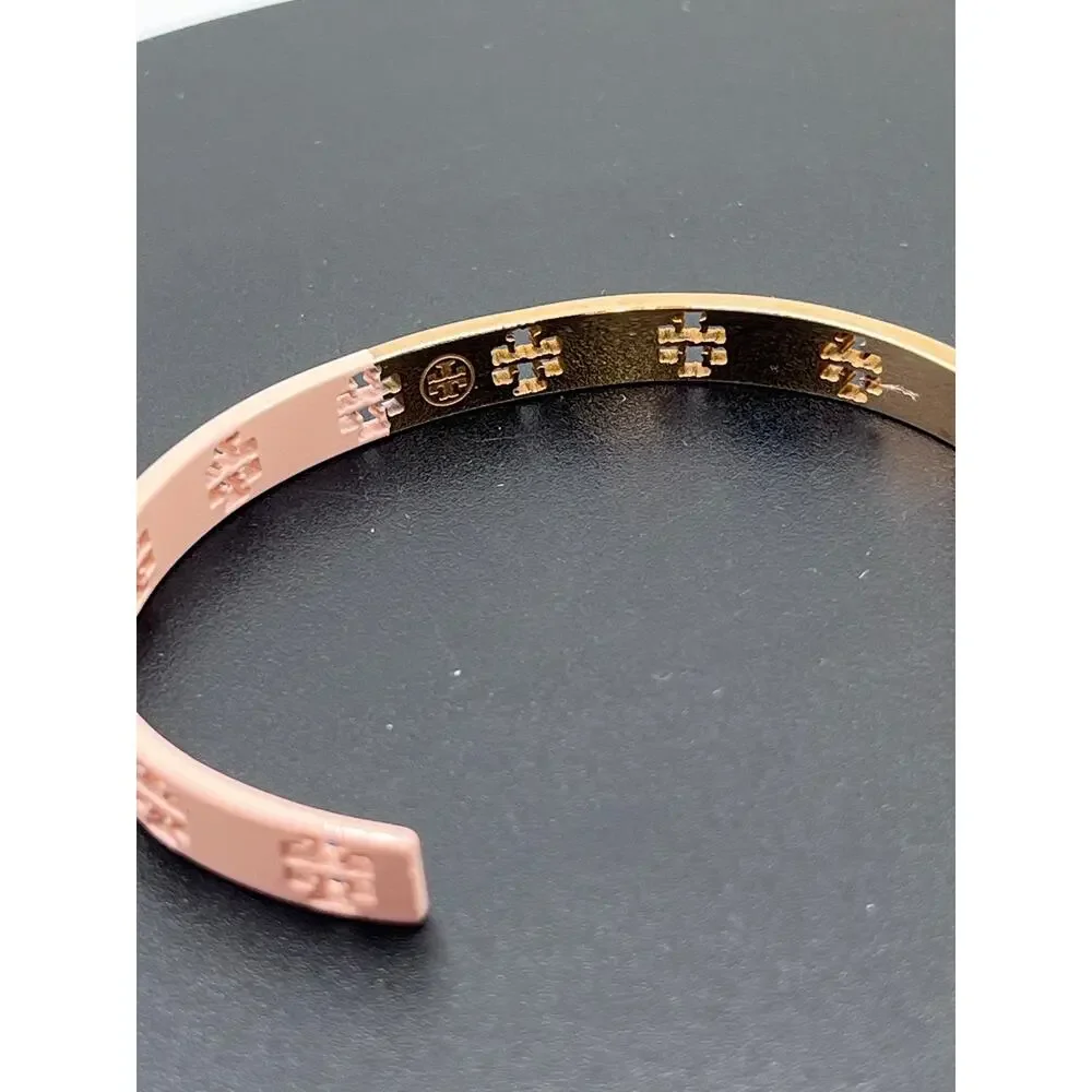 Tory Burch Pretty‎ Pink Half Enamel Dipped Gold Plated Cuff Bracelet
